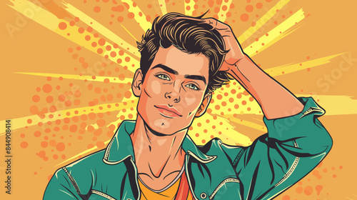 handsome man in a green jacket on an orange background vector flat illustration in comic style