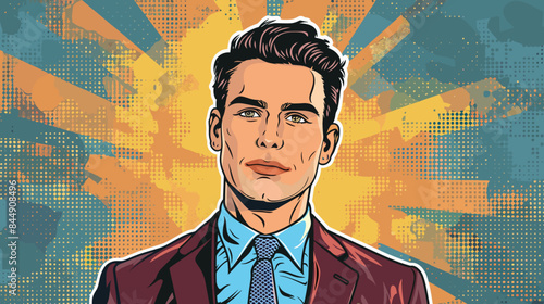 handsome man in a burgundy jacket and blue shirt on a Colored background flat vector illustration in comic style