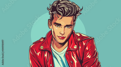 handsome man in a red jacket on a blue background illustration in park and pinup style