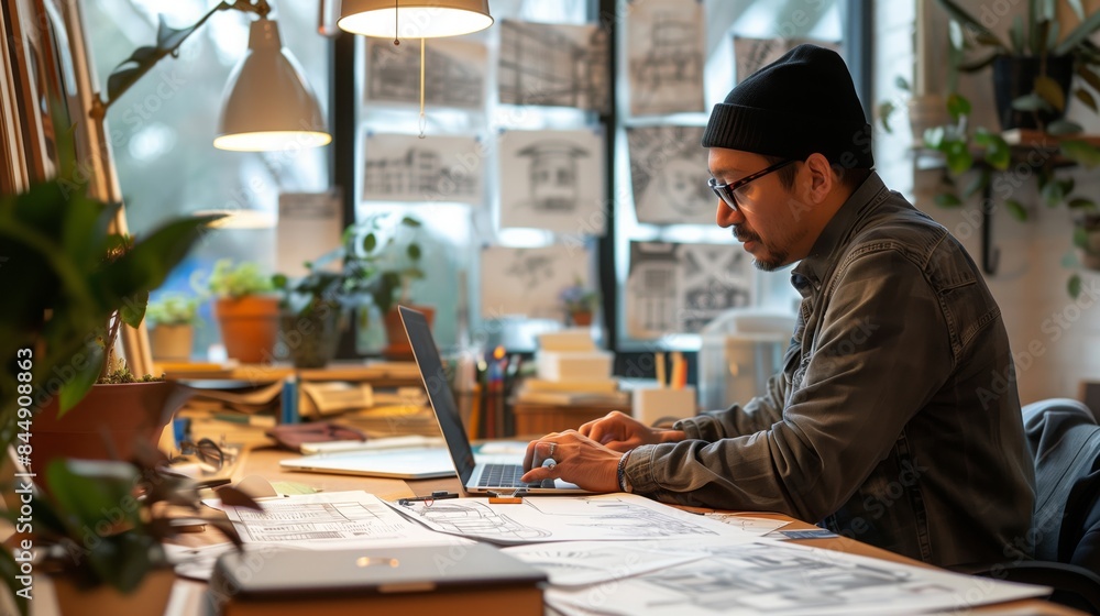 A designer works on sketches and a laptop in a well-lit studio A designer works on sketches and a laptop in a well-lit studio