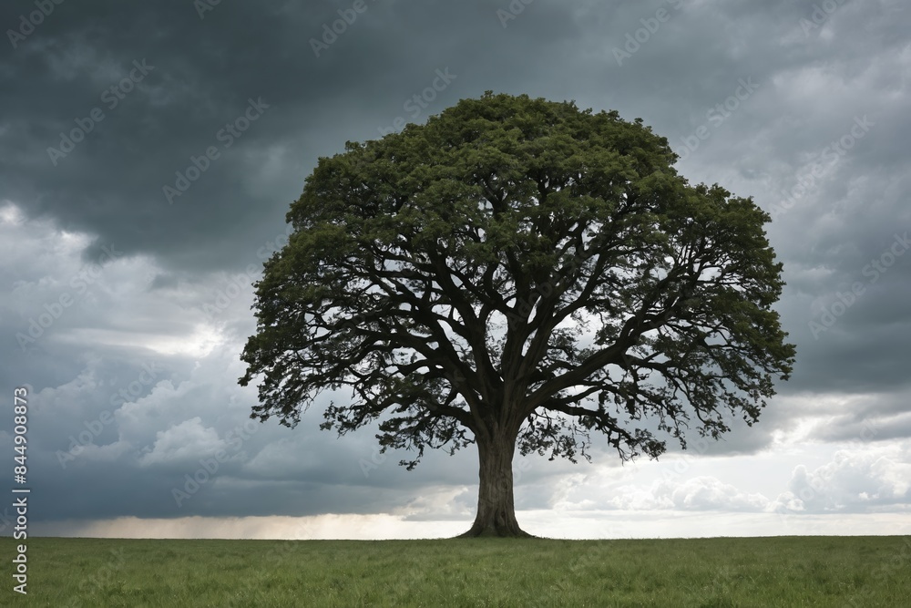 Lonely Green Tree Awaiting Rain in Vast Grassy Plain Lonely Green Tree Awaiting Rain in Vast Grassy Plain