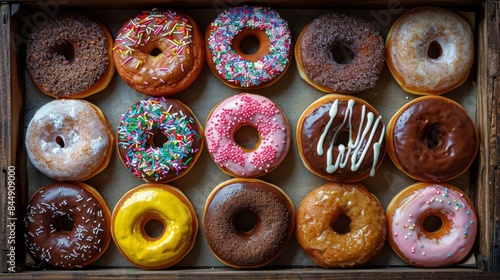 Assorted Donuts: A top-down view of a box filled with an assortment of donuts, including sprinkles, chocolate glaze, and powdered sugar varieties. Showcasing the variety and vibrant colors. 