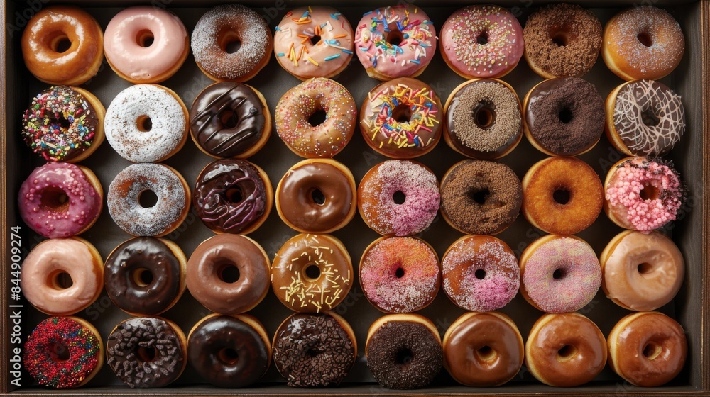 Fototapeta premium Assorted Donuts: A top-down view of a box filled with an assortment of donuts, including sprinkles, chocolate glaze, and powdered sugar varieties. Showcasing the variety and vibrant colors. 