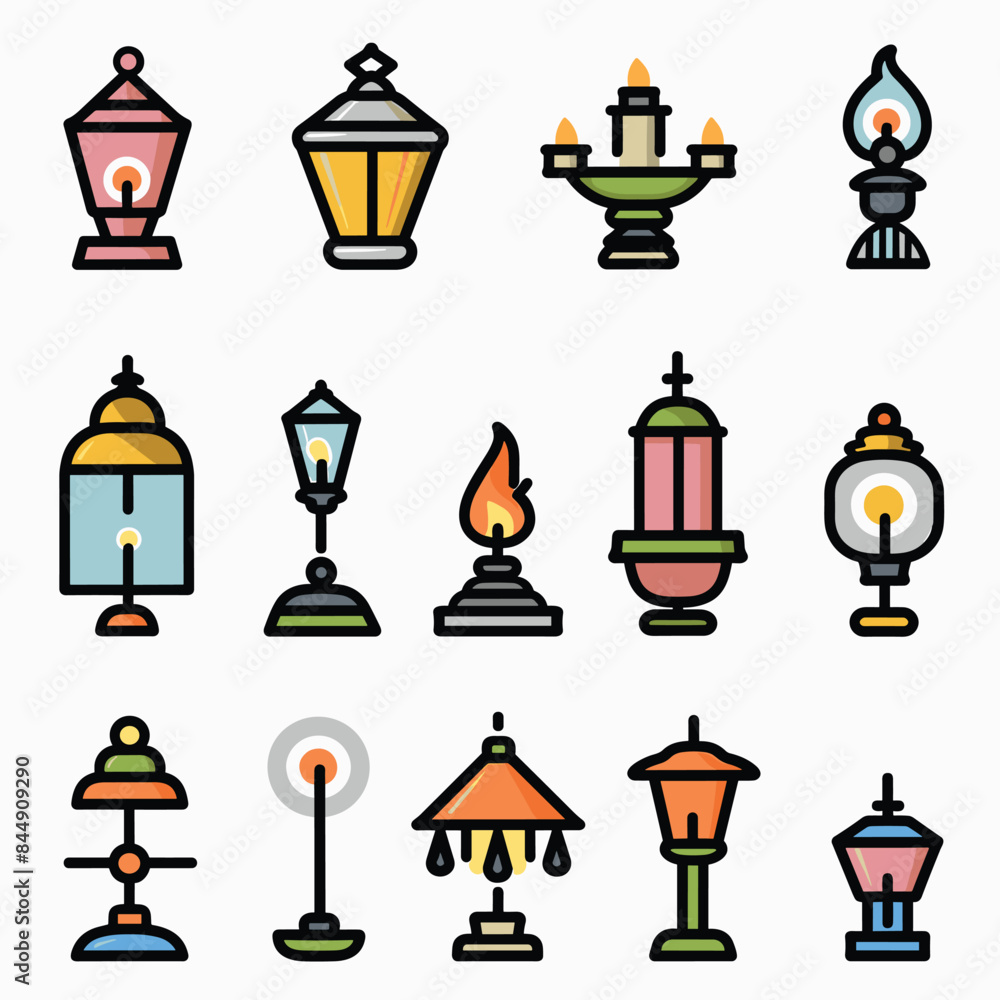 Collection various colorful lanterns lamps flat style. Bright lanterns lamps featuring different shapes, flames, used. Set includes traditional, modern, antique Collection various colorful lanterns lamps flat style. Bright lanterns lamps featuring different shapes, flames, used. Set includes traditional, modern, antique