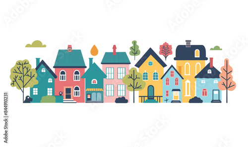 Colorful suburban street vector illustration featuring various stylized houses trees against clear background. Quaint neighborhood scene homes shades red, green, blue, yellow alongside foliage