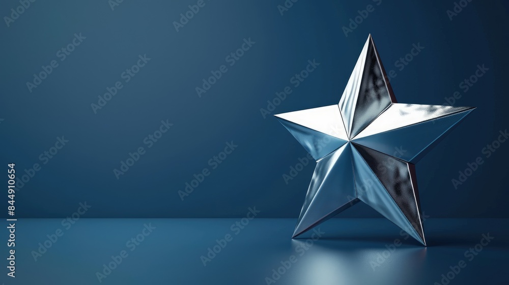 Shiny silver star sculpture on reflective blue surface Shiny silver star sculpture on reflective blue surface