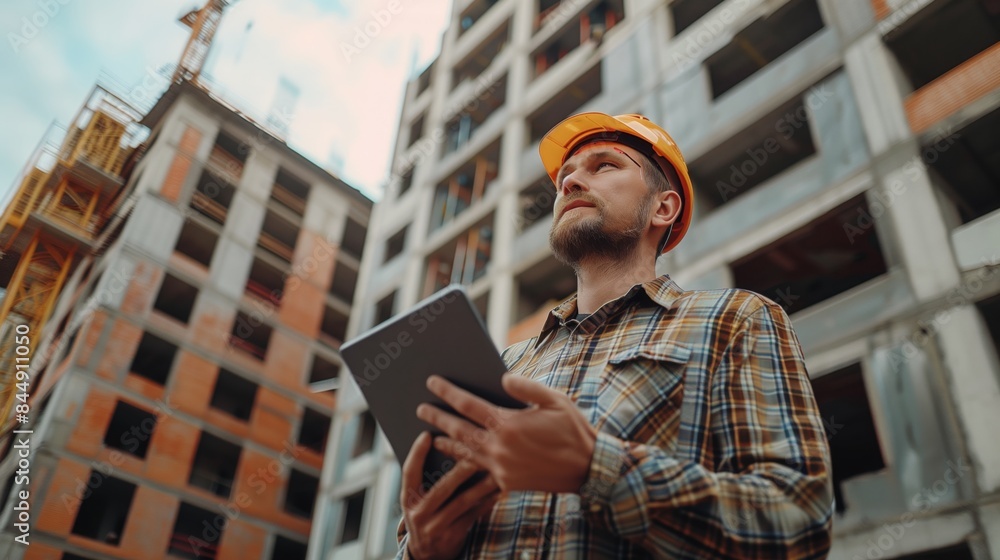 A construction engineer holding a tablet, reviewing building plans A construction engineer holding a tablet, reviewing building plans