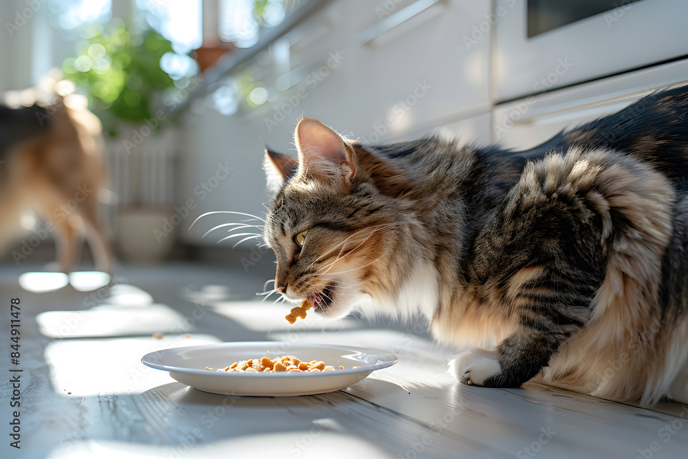 custom made wallpaper toronto digitalA curious happy cat licks eating cat food from white plate in a modern kitchen with white cabinets and light grey countertops. Sunlight pours in from large window, illuminating the cat's glossy coat