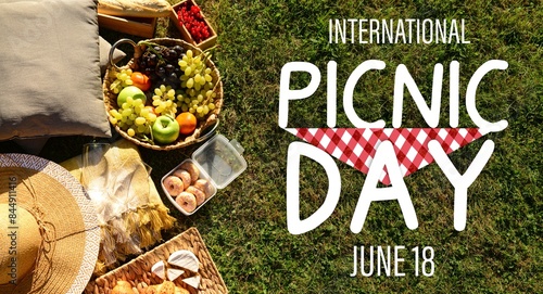 Banner for International Picnic Day with tasty food on green grass