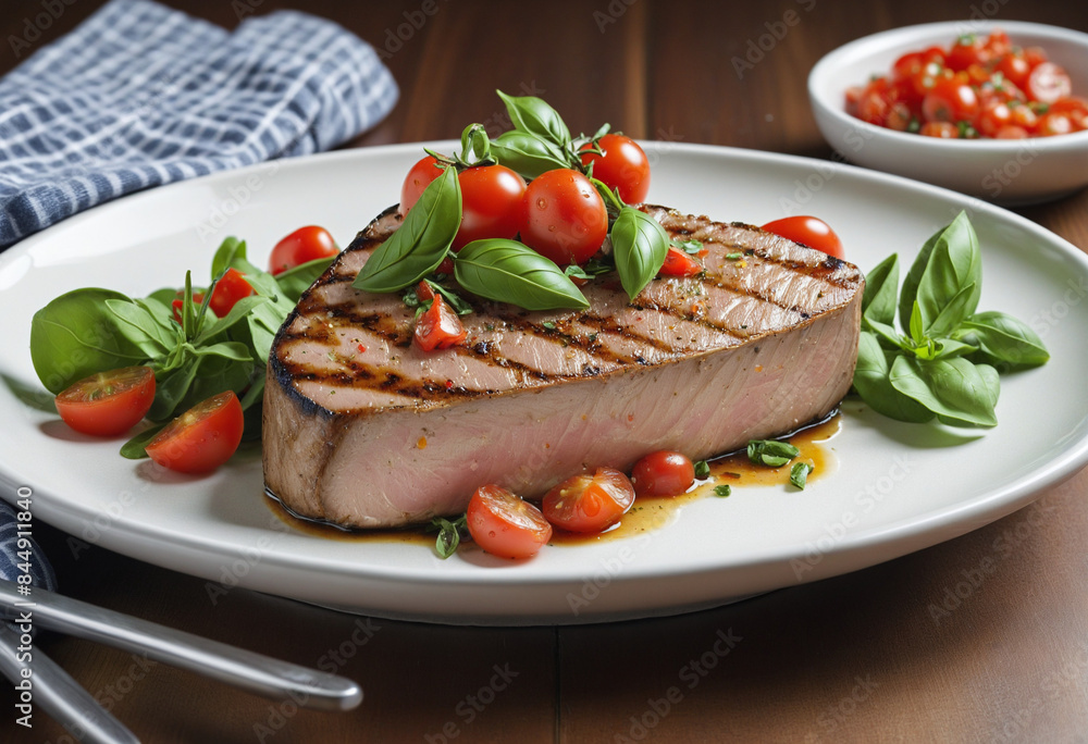 Grilled swordfish fillet topped with fresh tomato and basil relish, prepared using cutting-edge AI technology in the kitchen of a trendy eatery Grilled swordfish fillet topped with fresh tomato and basil relish, prepared using cutting-edge AI technology in the kitchen of a trendy eatery
