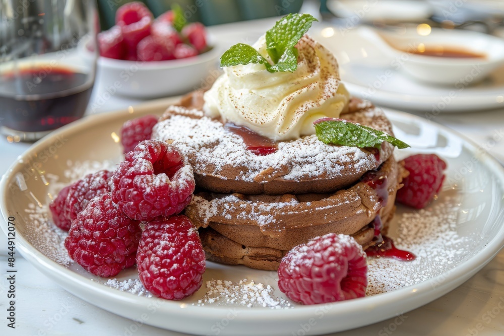 Fluffy pancake stack topped with whipped cream and fresh berries, perfect for high resolution food photography and showcasing a delightful breakfast treat Fluffy pancake stack topped with whipped cream and fresh berries, perfect for high resolution food photography and showcasing a delightful breakfast treat
