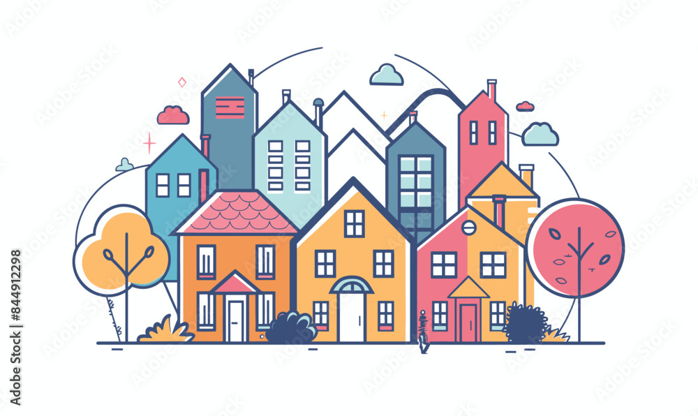 Cheerful stylized cityscape illustration European town colorful houses line art. Quaint urban neighborhood trees pastel shades graphic modern flat design. Trendy residential district streetscape