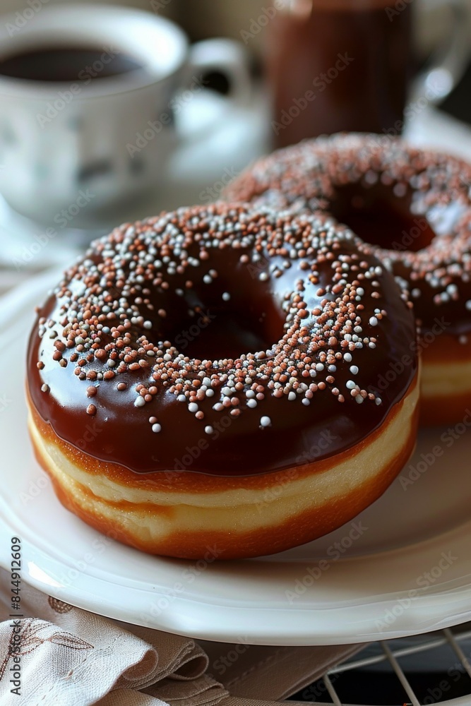 Donut with Coffee: Chocolate glazed donut with sprinkles on a plate beside a steaming cup of coffee. Donut with Coffee: Chocolate glazed donut with sprinkles on a plate beside a steaming cup of coffee.