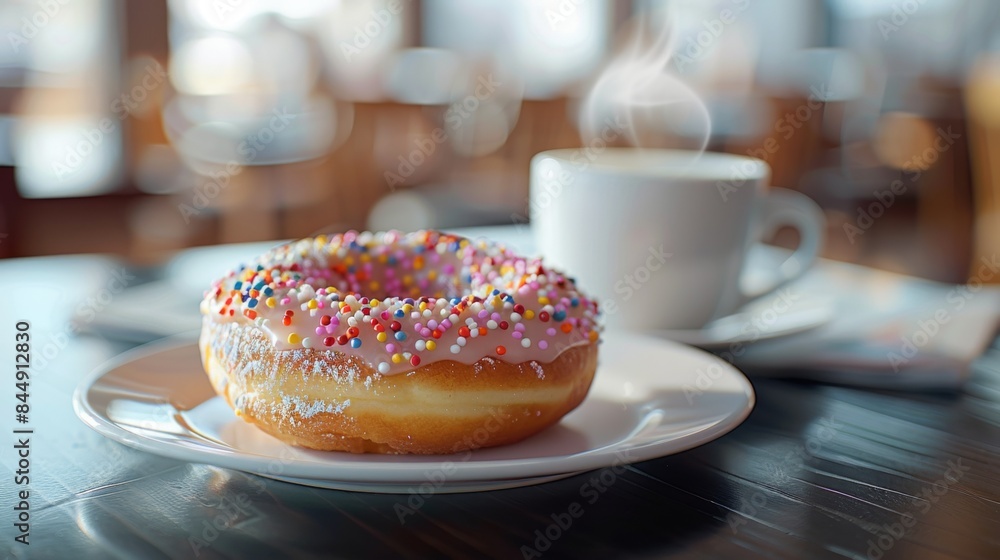 Donut with Coffee: donut with colorful sprinkles on a plate beside a steaming cup of coffee. Donut with Coffee: donut with colorful sprinkles on a plate beside a steaming cup of coffee.