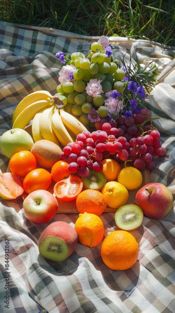 A colorful summer fruit platter on a picnic blanket A colorful summer fruit platter on a picnic blanket