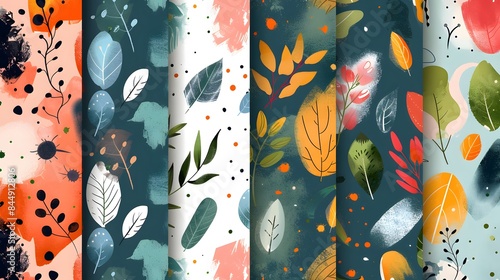 a series of colorful abstract patterns inspired by nature, featuring elements like leaves, flowers, and organic shapes. Perfect for fabric prints, stationery designs, and interior decor. Realistic HD photo