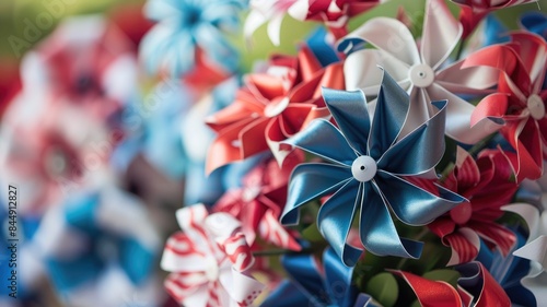 Close-up of colorful paper pinwheels in red, white, and blue, showcasing intricate folding vibrant patterns photo