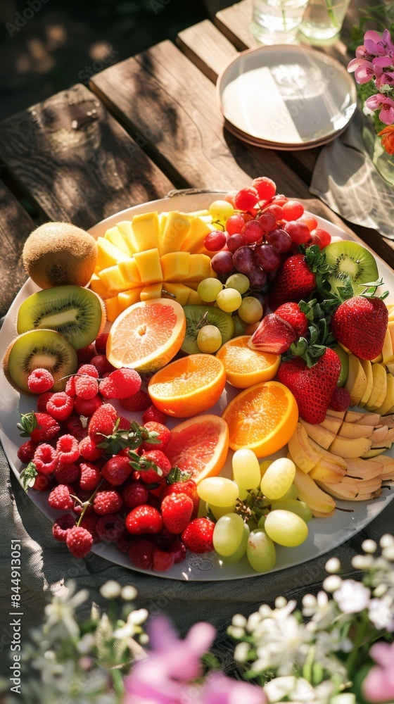 A colorful summer fruit platter on a picnic table A colorful summer fruit platter on a picnic table