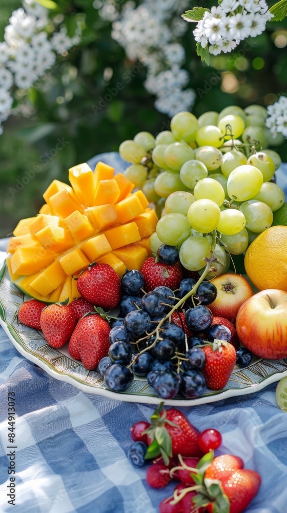 A colorful summer fruit platter on a picnic table A colorful summer fruit platter on a picnic table
