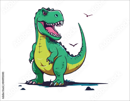 Vector design for children's t-shirt. 
Green dinosaur raptor with open mouth 
isolated on white background. 
Pattern for textiles, 
fabric, clothing for boy in cartoon style.