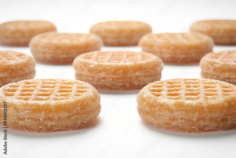 Assorted mini waffles arranged on a white background, ideal for high resolution food photography and capturing a delightful breakfast treat Assorted mini waffles arranged on a white background, ideal for high resolution food photography and capturing a delightful breakfast treat
