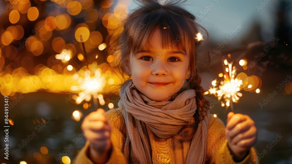Smiling Caucasian girl with sparklers in festive bokeh lights background Smiling Caucasian girl with sparklers in festive bokeh lights background