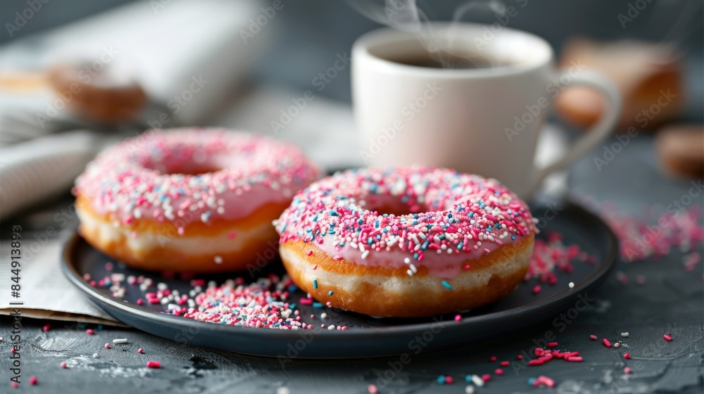 Donuts with Coffee: frosted donuts with colorful sprinkles on a plate beside a steaming cup of coffee. Donuts with Coffee: frosted donuts with colorful sprinkles on a plate beside a steaming cup of coffee.