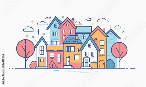 Colorful townhouses lined up create friendly neighborhood scene, house displays unique features, colors, design elements windows doors. Skies above eclectic architecture decorated clouds small