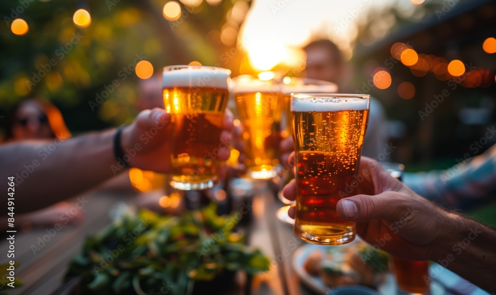 Cheers! Clink glasses. Close-up shots of hands holding beer glasses and beer bubbles. Cheers! Clink glasses. Close-up shots of hands holding beer glasses and beer bubbles.