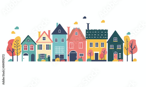 Obraz na płótnie Stylized colorful houses trees serene neighborhood quaint town. Row various buildings cute urban scene flat design. Fall ambiance peaceful village pastel hues home exterior w salonie
