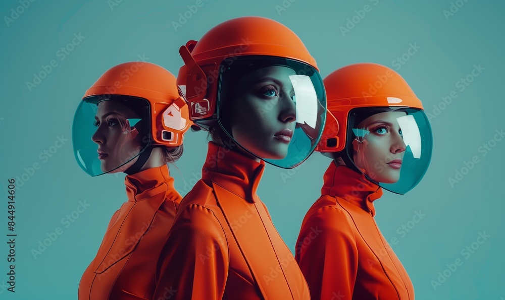 Three futuristic women donned in orange helmets and visors stand against a calming blue background, technology and fashion. Three futuristic women donned in orange helmets and visors stand against a calming blue background, technology and fashion.
