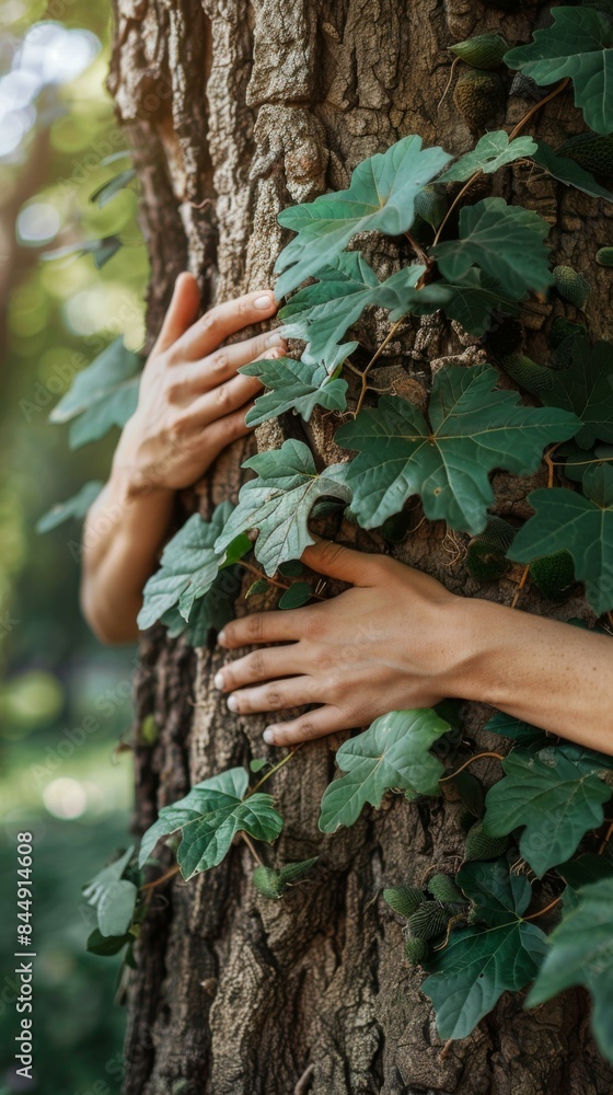 A person's hands embracing a tree trunk, symbolizing the connection between humans and nature. AI. A person's hands embracing a tree trunk, symbolizing the connection between humans and nature. AI.