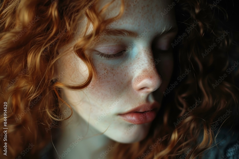 Close-up portrait of a woman with curly red hair and freckles in a peaceful, contemplative pose Close-up portrait of a woman with curly red hair and freckles in a peaceful, contemplative pose