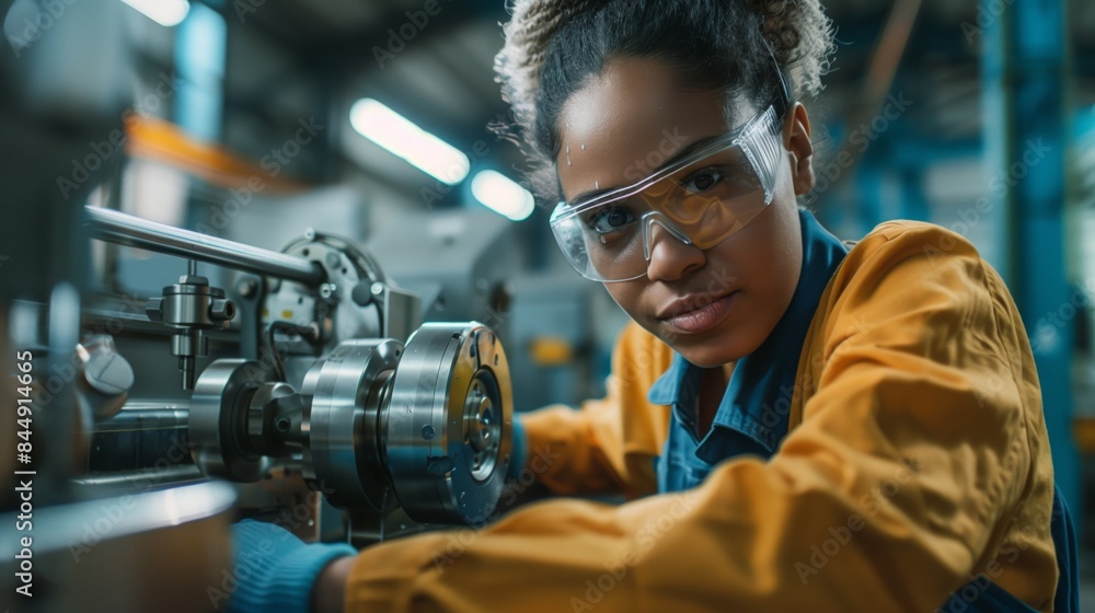 A factory worker operates a machine, wearing safety glasses and a yellow jacket A factory worker operates a machine, wearing safety glasses and a yellow jacket