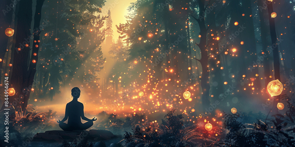 A serene meditation scene set in the heart of an enchanted forest, with fireflies illuminating the silhouette of a meditating figure surrounded by nature's tranquility A serene meditation scene set in the heart of an enchanted forest, with fireflies illuminating the silhouette of a meditating figure surrounded by nature's tranquility