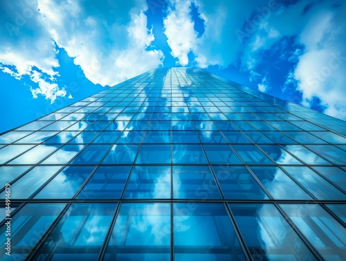 Looking up at a modern glass skyscraper with clouds and blue sky reflecting in the windows. AI.