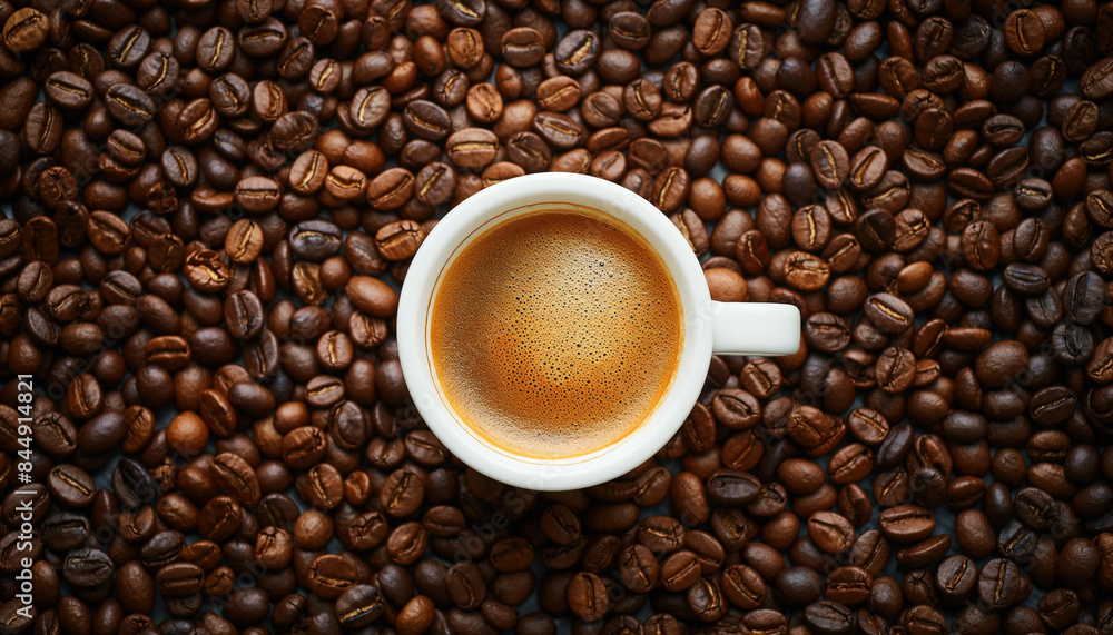 White cup of coffee on the red plate with roasted coffee beans on the black concrete stone background. Flatlay style. White cup of coffee on the red plate with roasted coffee beans on the black concrete stone background. Flatlay style.