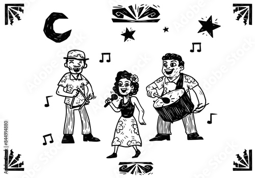 Musical trio of popular songs from northeastern Brazil. woodcut style illustration.