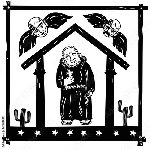 Capuchin friar, symbol of the faith of Northeast Brazil. Woodcut style illustration.