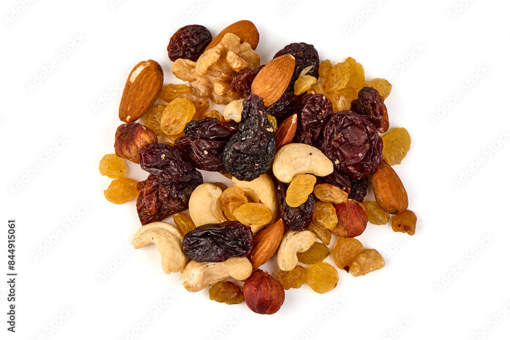 Healthy snack: mixed nuts and dried fruits, isolated on white background. Healthy snack: mixed nuts and dried fruits, isolated on white background.