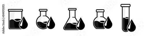 Vector drawing of glass tubes, flasks for chemical experiments with drop. Glass flask for alchemy, magic drinks. A set of flasks for the design of magical rituals.