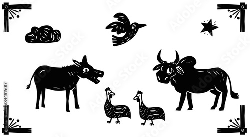 Farm animals in woodcut style. Separate vector illustration
