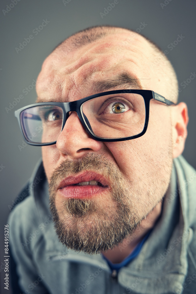 Portrait of handsome serious looking confused young man with glasses and beard, people background