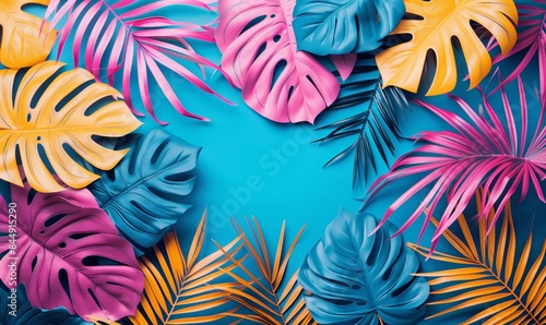 Fototapeta Naklejka Na Ścianę i Meble -  Tropical bright colorful background with exotic painted tropical palm leaves. Minimal fashion summer concept. Flat lay.