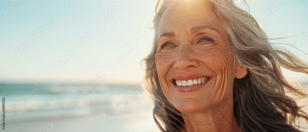 An elderly woman with long hair smiling at the camera. AI. An elderly woman with long hair smiling at the camera. AI.