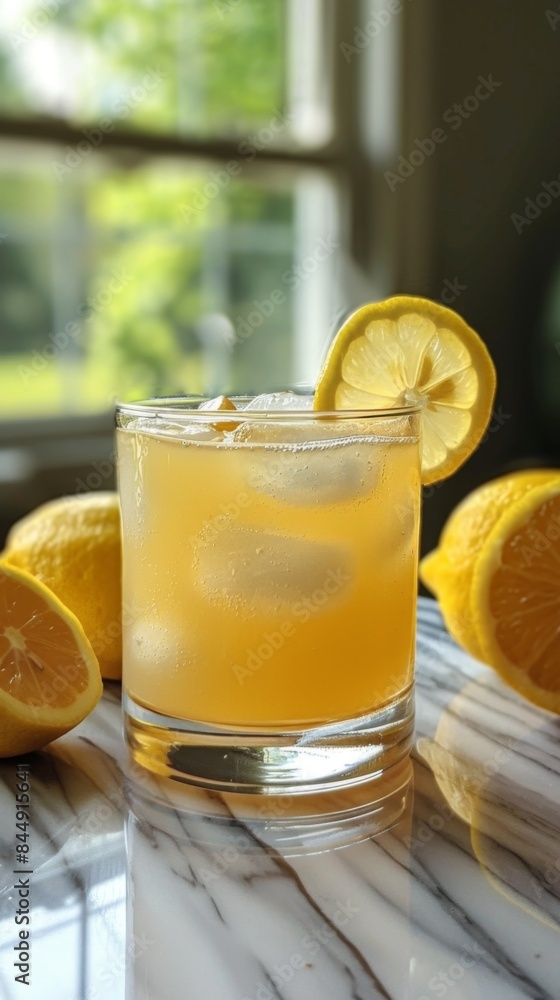A refreshing summer drink with a slice of lemon A refreshing summer drink with a slice of lemon