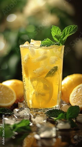 A refreshing glass of lemonade with mint and ice