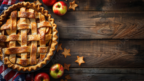 Delicious lattice apple pie with fresh apples on rustic wooden table