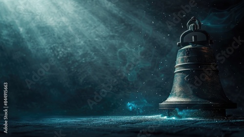 Ancient bell in moody lighting with misty atmosphere