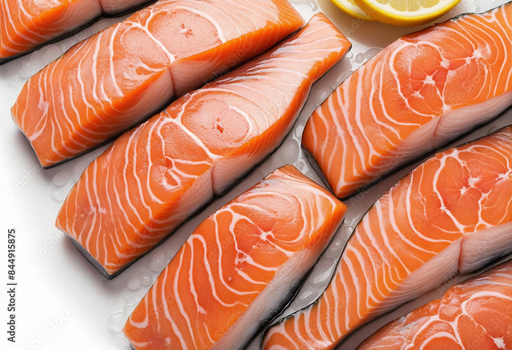 Fresh seafood slice, including salmon and trout, on a white background with clipping path for full depth of field Fresh seafood slice, including salmon and trout, on a white background with clipping path for full depth of field